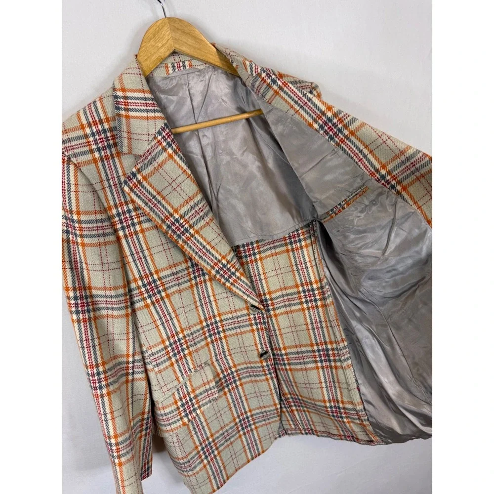 Vintage Plaid Blazer Jacket Orange Grey Beige Check Two Button Sport Coat 38 70s